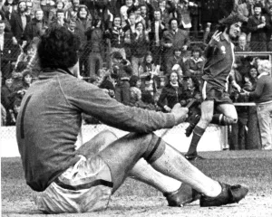 Aleksic after scoring his second goal at Ninian Park on Saturday. April 1977 Aleksic after scoring his second goal at Ninian Park on Saturday. April 1977
