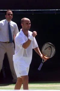 Andre Agassi tennis player at Wimbledon 1999 celebrates victory over Gustavo Kuerten in Andre Agassi tennis player at Wimbledon 1999 celebrates victory over Gustavo Kuerten in
