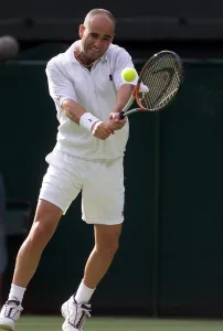 Andre Agassi on his way to beating Andrei Pavel in the first round of the mens singles of Andre Agassi on his way to beating Andrei Pavel in the first round of the mens singles of