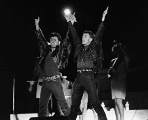 Andrew Ridgeley and George Michael of Wham 1986 pop group at farewell concert Andrew Ridgeley and George Michael of Wham 1986 pop group at farewell concert