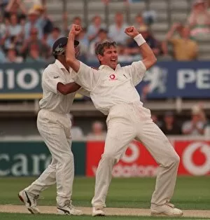 Images Dated 2nd July 1999: Andy Caddick July 1999 England Cricket Bowler celebrates after taking the wicket of