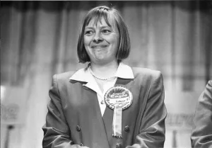 Images Dated 10th April 1992: Angela Eagle celebrates her victory to become MP for Wallasey, Merseyside
