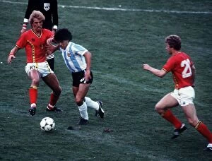 Argentina v Belgium World Cup 1982 football Diego Maradona tries to push his way