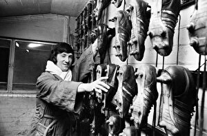 Images Dated 1st April 1971: Arsenal footballer George Armstrong pictured in the boot room at Highbury football ground