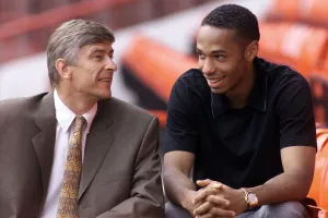 Arsenal footballer Thierry Henry with manager Arsene Wenger at Highbury after signing for Arsenal footballer Thierry Henry with manager Arsene Wenger at Highbury after signing for