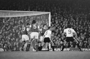 Arsenal's defence repels another attack from Manchester United August 1977 Arsenal's defence repels another attack from Manchester United August 1977