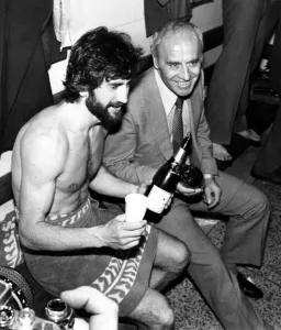 Aston Villa Manager Ron Saunders and Captain Denis Mortimer celebrating with champagne Aston Villa Manager Ron Saunders and Captain Denis Mortimer celebrating with champagne