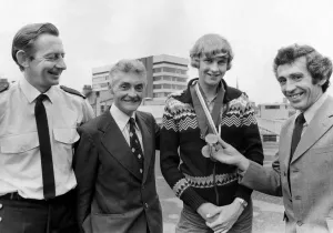 Athlete Steve Cram Steve Cram wear Jim Alder's medals watched by Athlete Steve Cram Steve Cram wear Jim Alder's medals watched by