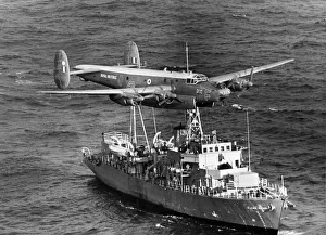 An Avro Shackleton maritime patrol aircraft of the Royal Air Force zooms low over a An Avro Shackleton maritime patrol aircraft of the Royal Air Force zooms low over a