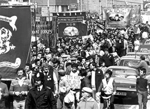 Behind their banners: Striking miners march through Port Talbot during 1984 / 85 dispute