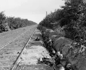 Battle of Hofstade. Belgian soldiers shelter in a trench beside a railway line Battle of Hofstade. Belgian soldiers shelter in a trench beside a railway line
