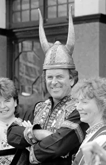 BBC television chat show host Terry Wogan wearing a Viking helmet May 1986 BBC television chat show host Terry Wogan wearing a Viking helmet May 1986