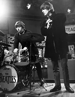 Beatles drummer Ringo Starr with George Harrison at TV House before appearing on the show Beatles drummer Ringo Starr with George Harrison at TV House before appearing on the show