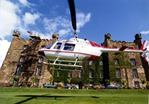 A Bell Jet Ranger helicopter lands at Lumley Castle, Chester-le Street A Bell Jet Ranger helicopter lands at Lumley Castle, Chester-le Street
