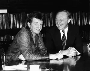 Billy Bragg Singer with Neil Kinnock MP discussing his Jobs for the Youth Tour which also Billy Bragg Singer with Neil Kinnock MP discussing his Jobs for the Youth Tour which also