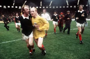 Billy Bremner with Jimmy Johnstone after the Scotland England international match at Billy Bremner with Jimmy Johnstone after the Scotland England international match at