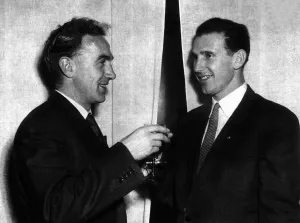 Billy Wright with Hungarian footballer Nandor Hidegkuti 1953 as they toast each Billy Wright with Hungarian footballer Nandor Hidegkuti 1953 as they toast each