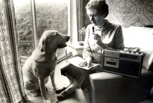 Images Dated 15th June 1981: Blind Cardiff City Councillor Joan Ward, recording her notes while her guide dog Jenny