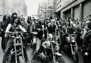 Blue Angels on their motorbikes for a wedding in Glasgow 1971 1970s Blue Angels on their motorbikes for a wedding in Glasgow 1971 1970s