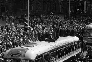 Core93 Gallery: Bobby Moore presents the European Cup Winners Cup to the people of West Ham from the top
