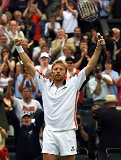 Boris Becker celebrates his victory over Nicolas Kiefer in his second round mens Boris Becker celebrates his victory over Nicolas Kiefer in his second round mens