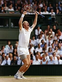 Boris Becker celebrates a winning the Wimbledon tournament