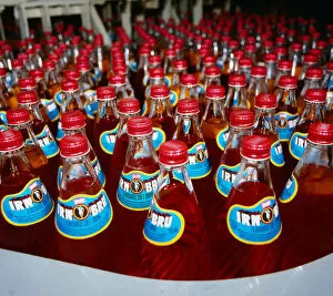 Bottles of Barrs Irn Bru on production line March 1989