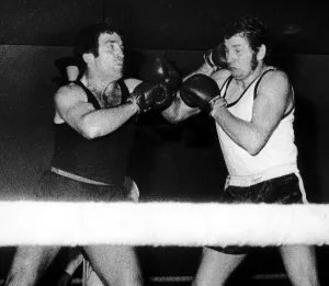 Boxers Willie Stack and Arthur Tyrell during the third round of the ABA Light-Heavyweight Boxers Willie Stack and Arthur Tyrell during the third round of the ABA Light-Heavyweight
