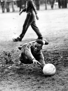 Brazilian football star Pele takes a turn in goal in a training session at Bolton during Brazilian football star Pele takes a turn in goal in a training session at Bolton during