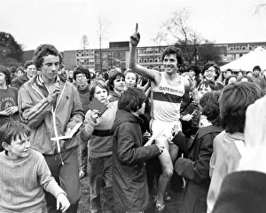 Brendan Foster (Gateshead Harriers) receives congratulations on his win from excited Brendan Foster (Gateshead Harriers) receives congratulations on his win from excited