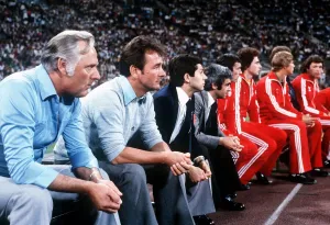 Brian Clough football manager with his assistant Peter Taylor Watching the 1979 European Brian Clough football manager with his assistant Peter Taylor Watching the 1979 European