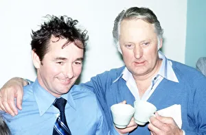 Brian Clough Football manager of Derby County with his assistant Peter Taylor holding tea Brian Clough Football manager of Derby County with his assistant Peter Taylor holding tea