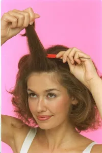 Brides Wedding Hair Feature July 1999 2 - model backcombs hair - backcombing roots Brides Wedding Hair Feature July 1999 2 - model backcombs hair - backcombing roots