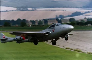 The British built De Havilland Vampire jet fighter, purchased after its retirement fron The British built De Havilland Vampire jet fighter, purchased after its retirement fron