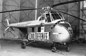 A British European Airways Civil Defence Westland Whirlwind helicopter which had to land A British European Airways Civil Defence Westland Whirlwind helicopter which had to land