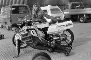 British Motorcycle road racer Barry Sheene with his new Suzuki bike British Motorcycle road racer Barry Sheene with his new Suzuki bike