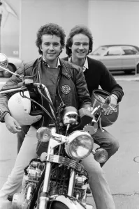 British Motorcycle road racer Barry Sheene with pop singer David Essex at the Motorcycle British Motorcycle road racer Barry Sheene with pop singer David Essex at the Motorcycle