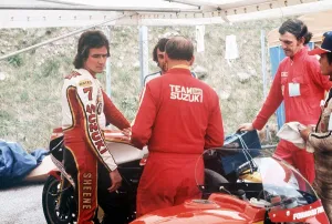 British motorcyclist Barry Sheene at the Austrian Grand Prix. 30th April 1977 British motorcyclist Barry Sheene at the Austrian Grand Prix. 30th April 1977