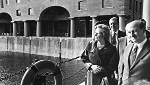 British Prime Minister Margaret Thatcher accompanied by Sir Leslie Young