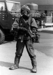 British soldier wearing chemical warfare suit August 1990 at RAF Coltishall British soldier wearing chemical warfare suit August 1990 at RAF Coltishall