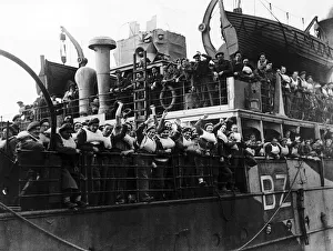 British soldiers wave from troop ship returning to England from Calais after a long spell British soldiers wave from troop ship returning to England from Calais after a long spell