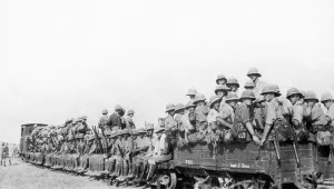 British troops in Palestine being transported up to the front on a light railway British troops in Palestine being transported up to the front on a light railway