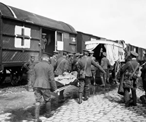 British wounded soldiers seen here being transferred from a hospital train to a ambulance British wounded soldiers seen here being transferred from a hospital train to a ambulance