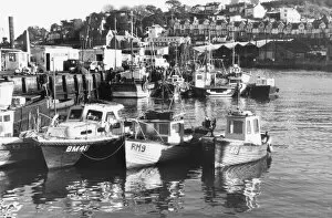 Brixham fishing boats in the outer harbour in December 1985