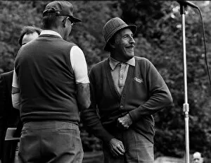 Bruce Forsyth entertainer adjusts his trouser zip at pro celebrity golf day in front of