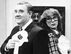 Bryan Mosley actor and Anne Kirkbride May 1987 in a scene from the TV Programme Bryan Mosley actor and Anne Kirkbride May 1987 in a scene from the TV Programme