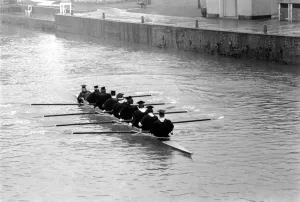 Cambridge University boat crew in training on river Ouse. March 1975 75-01385-003 Cambridge University boat crew in training on river Ouse. March 1975 75-01385-003