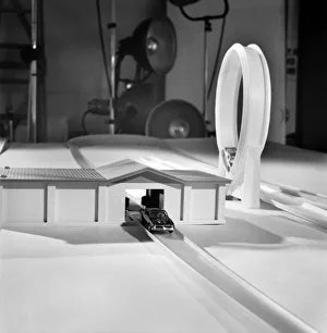 A car racing around a track, part of the Corgi Rockets racing track. November 1969 Z10838 A car racing around a track, part of the Corgi Rockets racing track. November 1969 Z10838