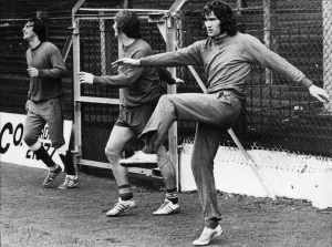 Cardiff's new striker Robin Friday (right), trains with new team mates Ron Healy Cardiff's new striker Robin Friday (right), trains with new team mates Ron Healy
