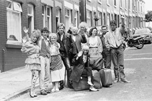 The cast of the BBC hit comedy 'Bread' during a break in filming in Elswick